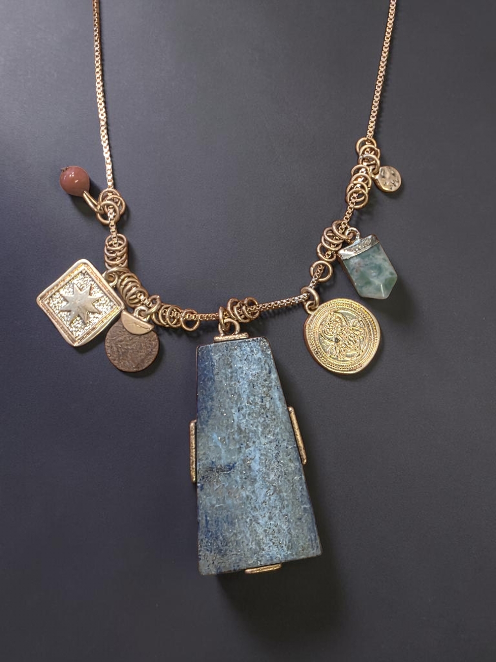 Boho Gold Stone Charm Necklace with Lapis & Coins